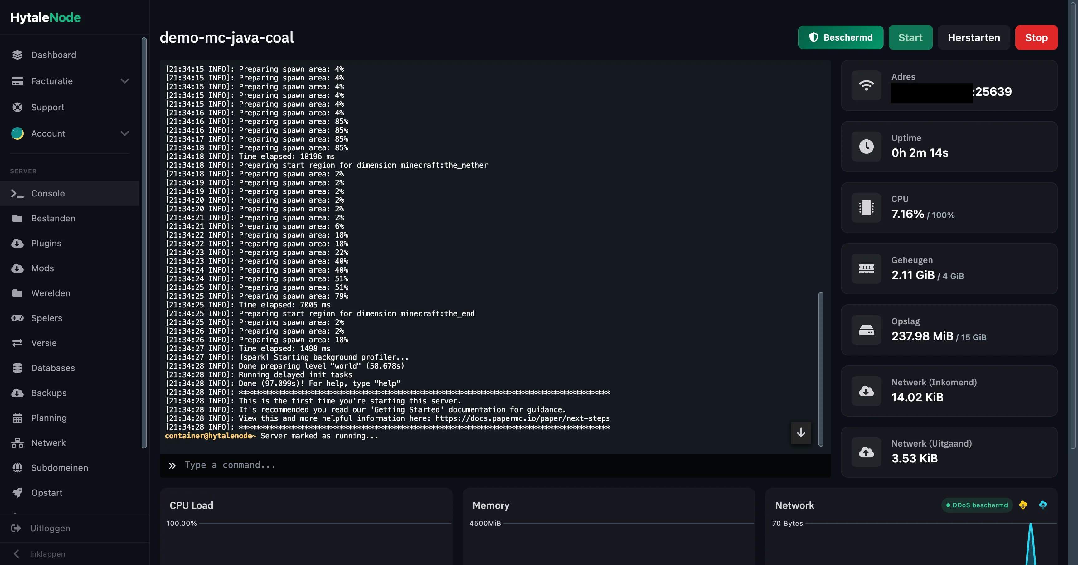 Server-Konsole mit DDoS-Erkennung